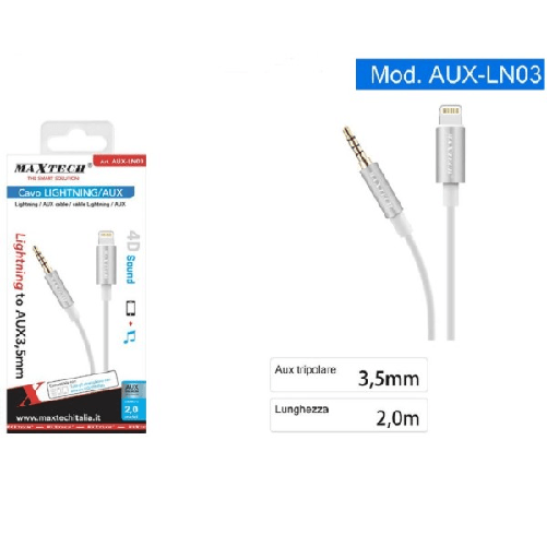 Maxtech-cavo 2 Mt Adattatore Audio Cuffie Aux 3,5mm Jack Tripolare A Lightning Aux-ln03 -