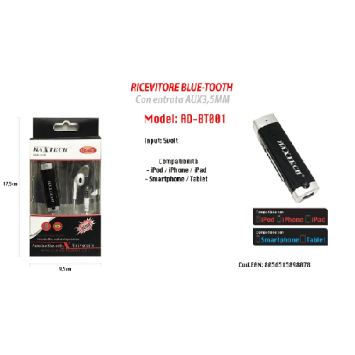 Kit Auricolari Con Jack 3,5mm Adattatore Bluetooth Smartphone Maxtech Ad-bt001 -