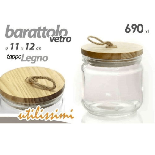 Barattolo Ermetico Tappo Legno In Vetro Contenitore Cucina 690 Ml 11x12cm 731068 -
