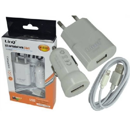 Kit Caricabatterie 3 In 1 Adattatore Auto Rete Cavo Usb Lightning 1 Mt Ip-6301 -