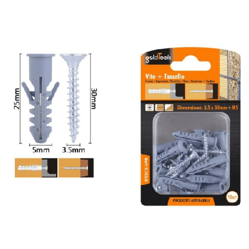 Kaela-set 18 Pz Viti Vite Croce 3.5x30mm+tasselli Con Alette Tassello M5 Fischer 57559 -