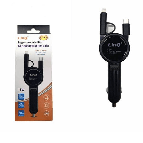 Linq-caricabatteria Da Auto 3in1 Cavo Retrattile Micro Usb Type-c Lightning Sc-3033 -