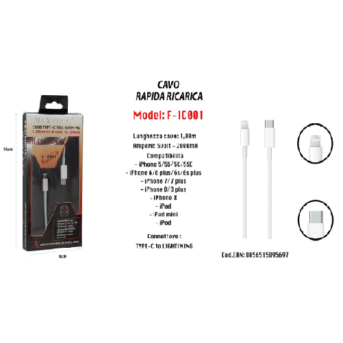 Maxtech-cavo Ricarica Rapida Per Iphone Ipad Ipod Da Type‐c A Lightning Maxtech F-ic001 -