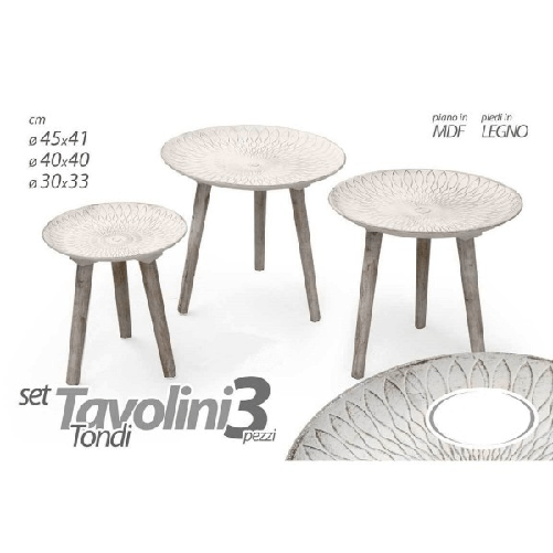 Kaela-set 3pz Tavolini Piedi Legno Salotto Giardino Anticati ø45-40-30cm Tondi 783982 -
