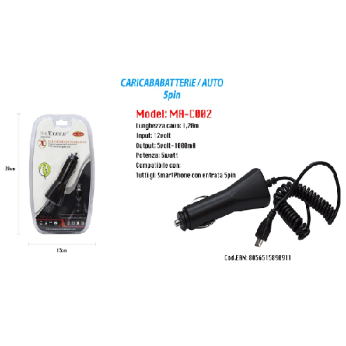Caricabatteria Usb Caricatore Cavo 1,20m Da Auto Ricarica Smartphone 5v-1000ma Maxtech Ma-c002 -