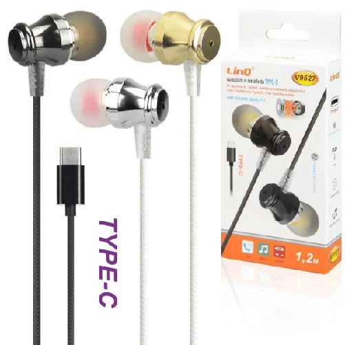 Auricolari In Metallo Stereo Con Microfono Filo 1.2mt Smartphone Mp3 Type-c V9527 -