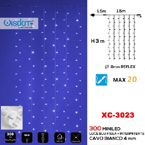 Wisdom-tenda Luminosa Natalizia 300 Led Luce Blu Fissa + Bianca Intermittente Xc-3023 -