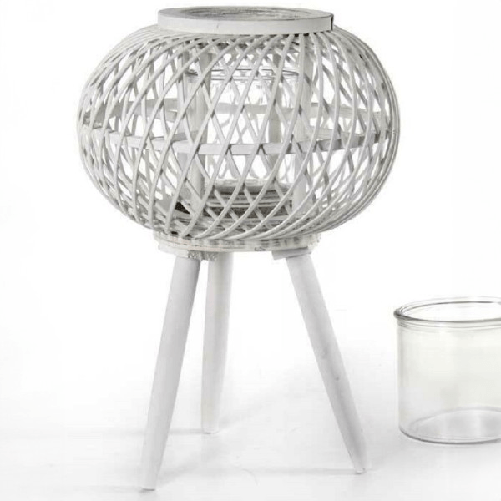 Lanterna Portacandela Con Piedi Tonda 17x46cm In Legno Bambù Vetro Bianco 777929 -
