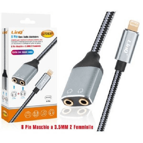 Cavo Intrecciato Adattatore Audio Da Lightning Maschio A 2 Jack 3,5mm Femmina Lt3537 -