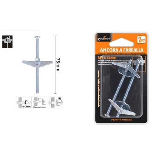 Set 2 Pz Ancora A Farfalla In Acciaio Con Dado E Rondella Tassello M4x75mm 57225 -