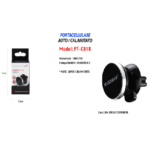 Supporto Calamitato Auto Universale Per Smartphone Portacellulare Maxtech Pt-c018 -