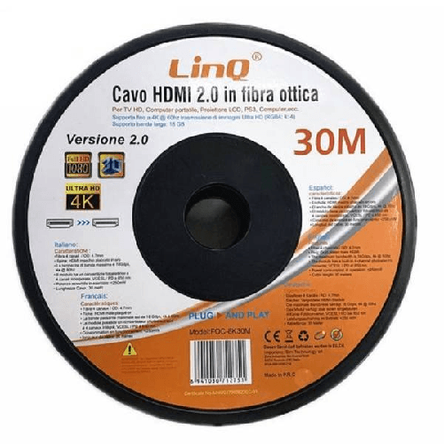 Cavo Hdmi In Fibra Ottica Ultra Hd 4k 30 Mt Tv Hd Computer Proiettore Foc-8k30m -