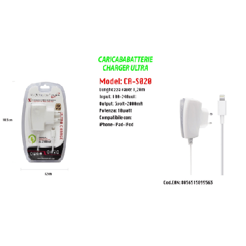 Maxtech-caricabatterie Maxtech Charger Ultra Lightning Per Iphone Ipad Ipod 5v-2000ma 10w Ca-s020 -