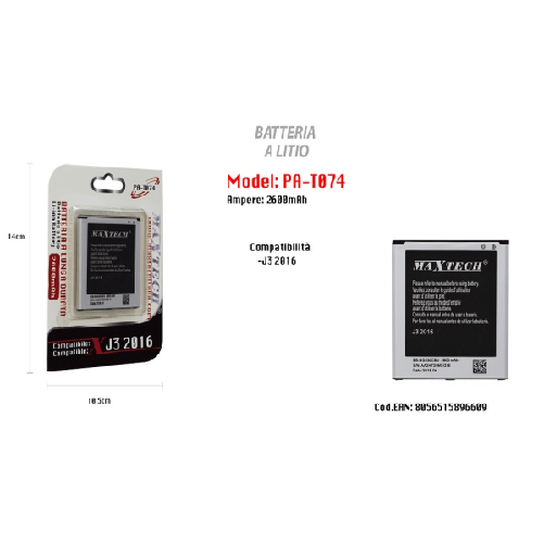 Batteria Litio Lunga Durata Compatibile Samsung J3 2016 Maxtech 2600mah Pa-t074 -
