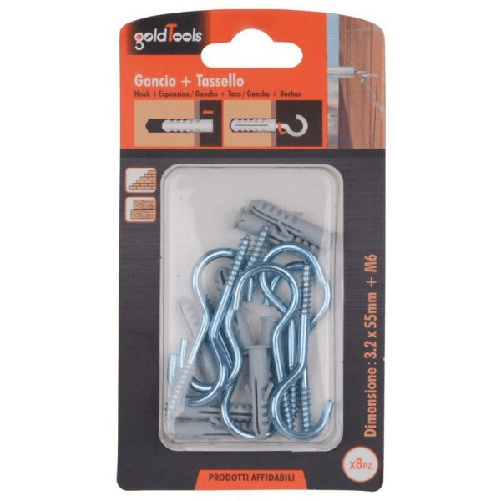 Set 8 Pezzi Viti Vite A Gancio 3.2x55 Mm + Tasselli Con Alette Tassello M6 90738 -