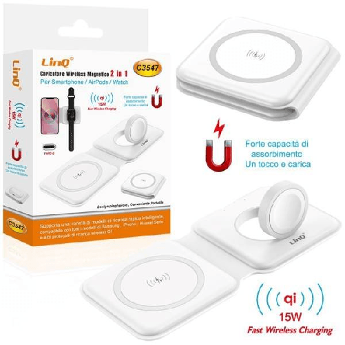 Caricabatterie Wireless Magnetico 15w 2in1 Qi Smartphone Airpods Smartwatch C3547 -