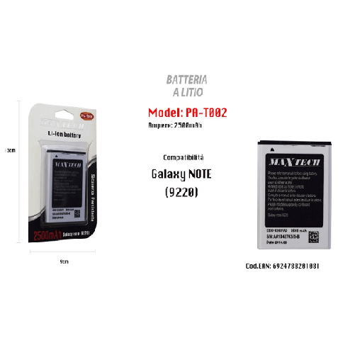 Batteria Galaxy Note A Litio Compatibile Cellulare Smartphone 2500mah Maxtech Pa-t002 -
