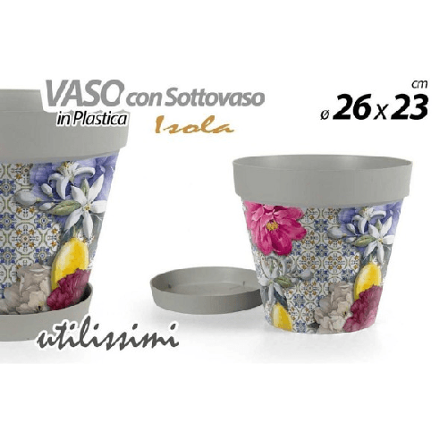 Vaso Giardino Con Sottovaso In Plastica Decoro Isola 26x23cm Piante Fiori 845376 -