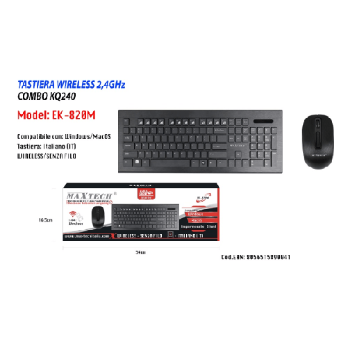Tastiera Mouse Wifi Wireless Impermeabile 2.4ghz Computer Laptop Pc Maxtech Ek-820m -