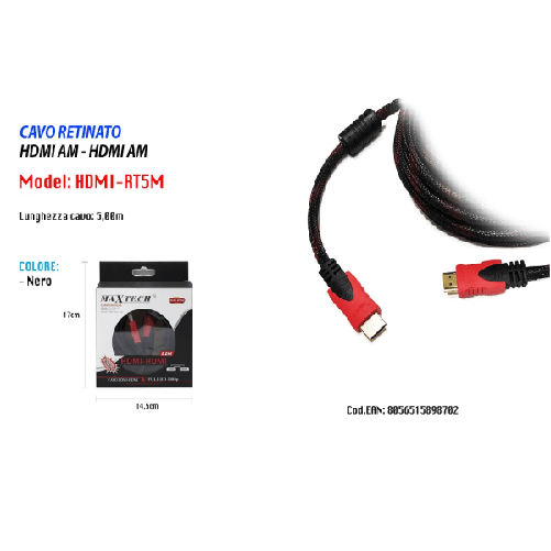 Cavo Retinato Hdmi-hdmi 5 Mt Metri 24k Versione Full Hd 1080p Maxtech Hdmi-rt5m -