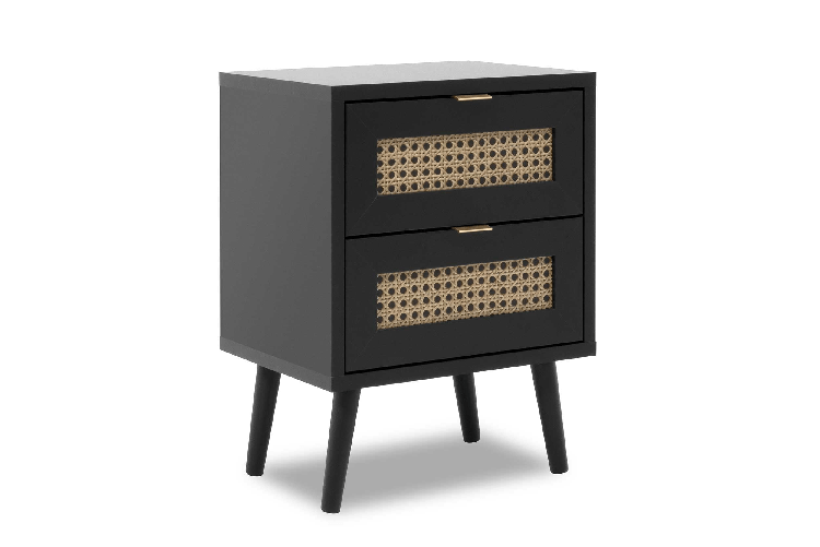 Comodino Vienna61A 2 cassetti nero con frontali effetto vimini