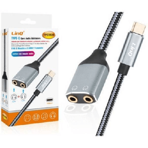 Cavo Adattatore Audio Da Type-c Maschio A 2 Jack 3,5mm Aux Femmina Cuffie Tpc3535 -
