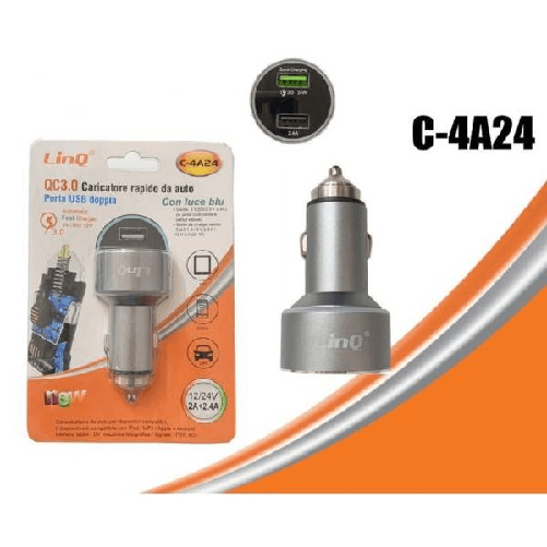 Caricabatterie Alimentatore Caricatore Da Auto 2 Usb 2a+2.4a Con Luce Blu C-4a24 -