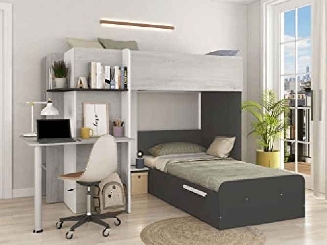 Vente-unique - Letto a castello 2 x 90 x 190 cm - con scrivania - Grigio, Bianco e Nero - Samuel