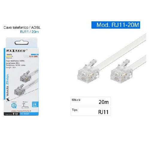 Maxtech-cavo Prolunga Telefonico Connettore Rj11 20 Metri Modem Adsl Maxtech Rj11-20m -