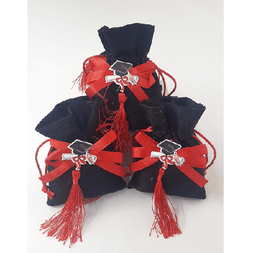 Trade Shop Traesio-set 12pz Sacchetto Nero Laurea Juta 10x12cm Bomboniera Bomboniere Porta Confetti -
