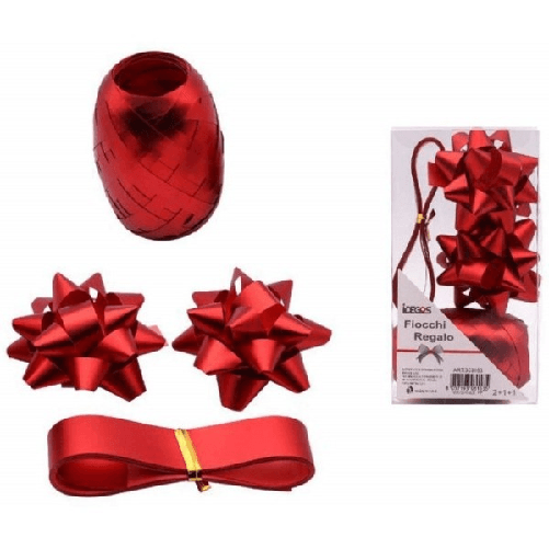 Trade Shop Traesio-set 2 Coccarde 1 Rotolo 1 Nastro Coccarda Lucida Confezione Regalo Decorazioni Rosso -