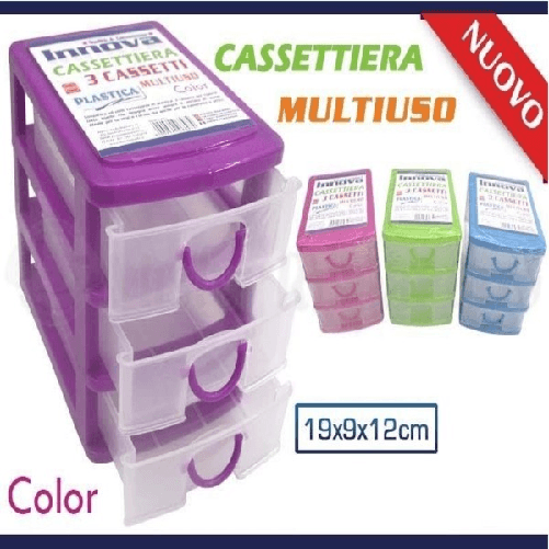 Trade Shop Traesio-mini Cassettiera 3 Cassetti Colorata Multiuso Plastica Minuteria Cotone -