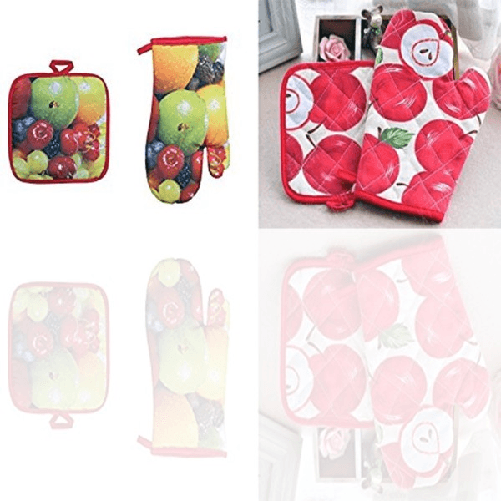 Trade Shop Traesio-set 2 Guanti Guanto Da Forno + 2 Presine Da Cucina In Cotone Fornetto Teglie -