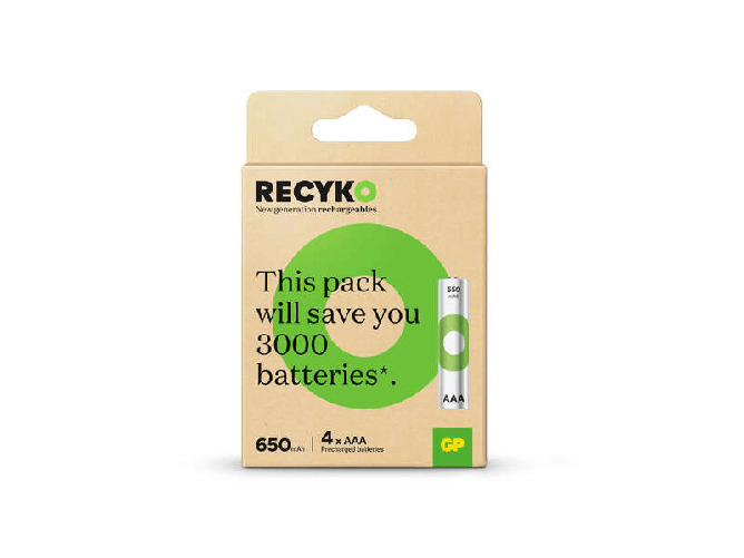 GP ReCyko Confezione da 4 batterie ricaricabili 650mAh AAA 1.2V - Pre-caricate - Realizzate con oltre il 10% di materiali riciclati