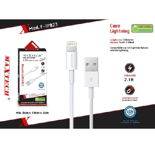 Maxtech-cavo Usb Lightning Ricarica Alta Velocità Trasmissione Dati 2.5mt Maxtech F-ip023 -