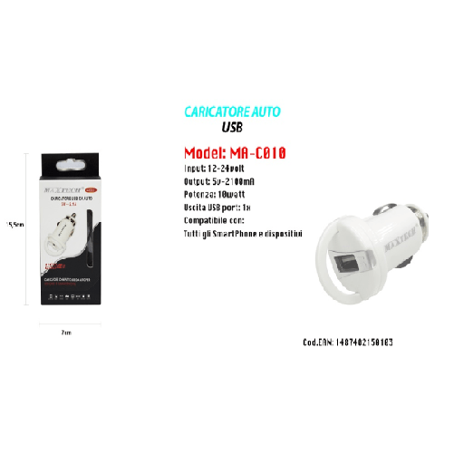 Caricatore Usb Presa Per Auto Accendisigari Caricabatteria 5v/2.1a Maxtech Ma-c010 -