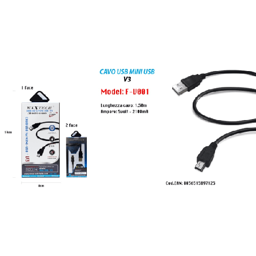 Maxtech-cavo Dati Ricarica Usb A Mini Usb/v3 1.5 Mt 2100ma Per Mp3 Mp4 Ps Maxtech F-v001 -