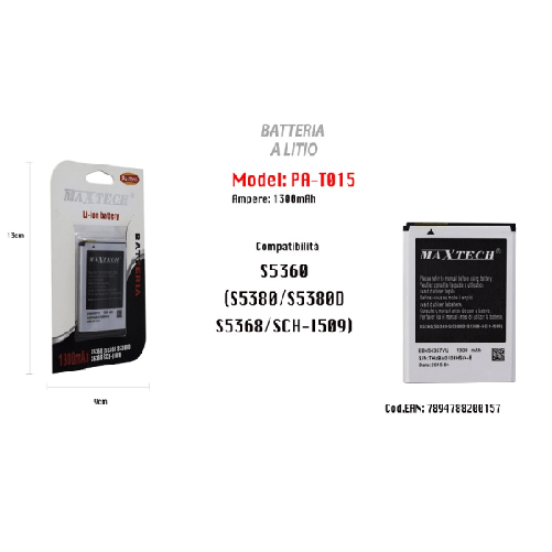 Batteria Compatibile S5360 Cellulare Smartphone A Litio 1300mah Maxtech Pa-t015 -