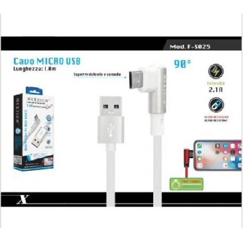 Cavo Ricarica Micro Usb 90° Per Smartphone Cavetto Dati 1 Mt F-s025 Maxtech -