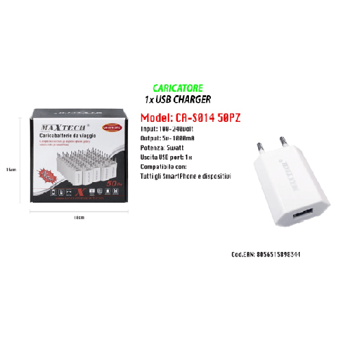 Maxtech-set 50 Caricatori Usb Smartphone 5v-1000ma Caricabatteria Maxtech Ca-s014 50pz -