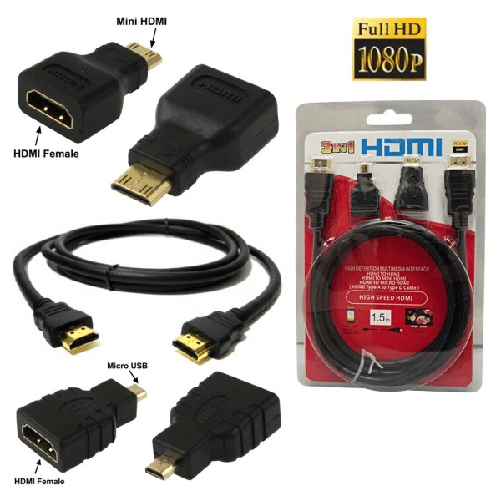 Trade Shop Traesio-3 In 1 Cavo Hdmi Full Hd 1080p 1.5 M + Adattatori Mini Hdmi E Micro Hdmi Dorati -