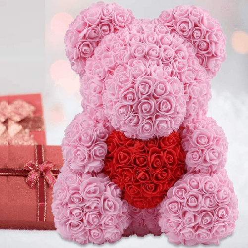 Trade Shop Traesio-orsacchiotto Orsetto Orso Di Rose Con Fiori Da 25cm Colore Rosa Con Cuore Rosso -