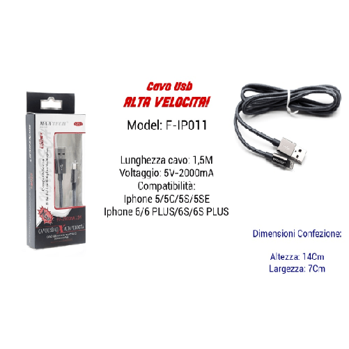 Cavo Filo Usb Veloce Ricarica Per Iphone 5volt - 2000ma 1,50mt Maxtech F-ip011 -