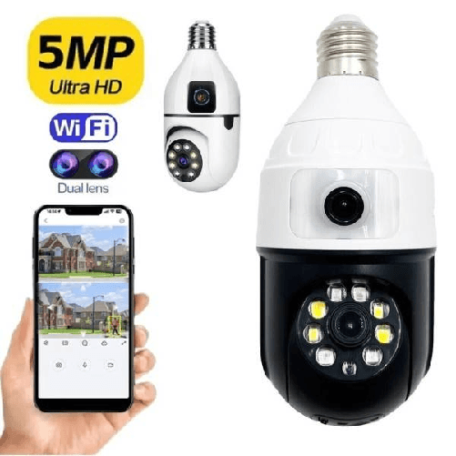 Trade Shop Traesio-telecamera Wifi Da Interno Esterno 5 Mp Videocamera Lampadina Con Doppia Lente -