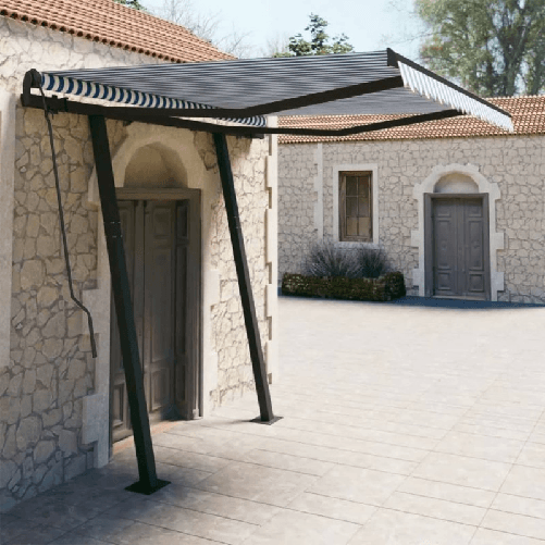 Tenda da Sole Retrattile Manuale con Pali 3x2,5 m Blu e Bianca