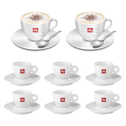 6 tazzine caffe' illy in porcellana e 2 tazze illy cappuccino con piattino