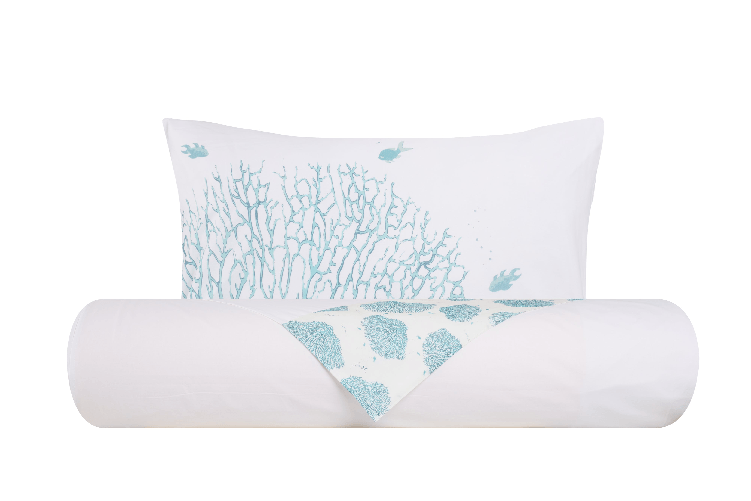 NOVILUNIO.IT Parure letto lenzuola Cotone Tinta Unita Bianco con Bordo Coralli 3 Pesci Azzurro e Dimensione SINGOLO