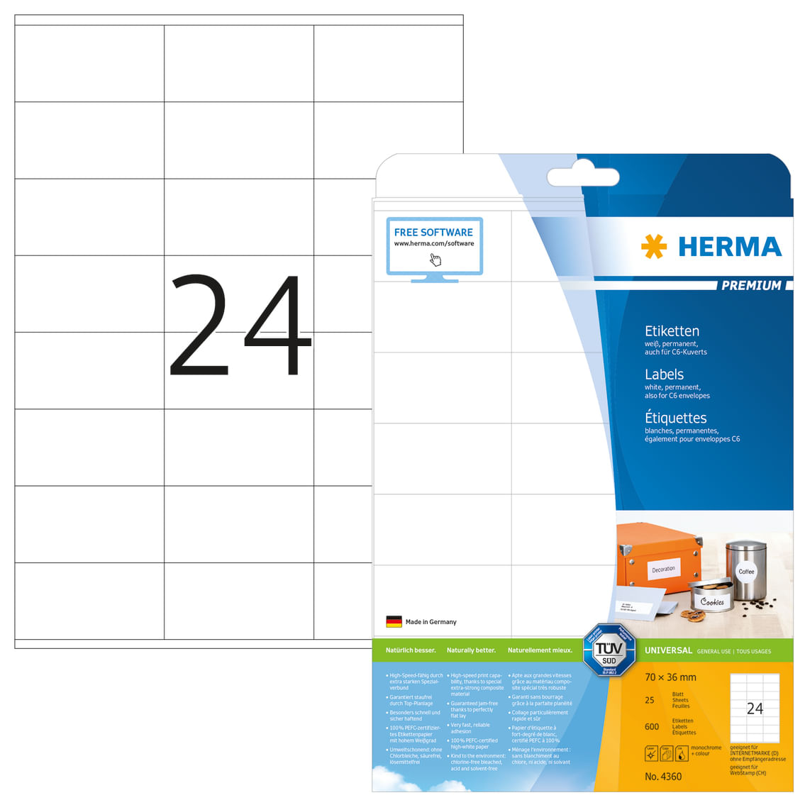 HERMA Premium - Permanent self-adhesive matte laminated paper labels - weiÃ - 70 x 36 mm - 600 Etikett(en HERMA 4360 etichetta per stampante Bianco E