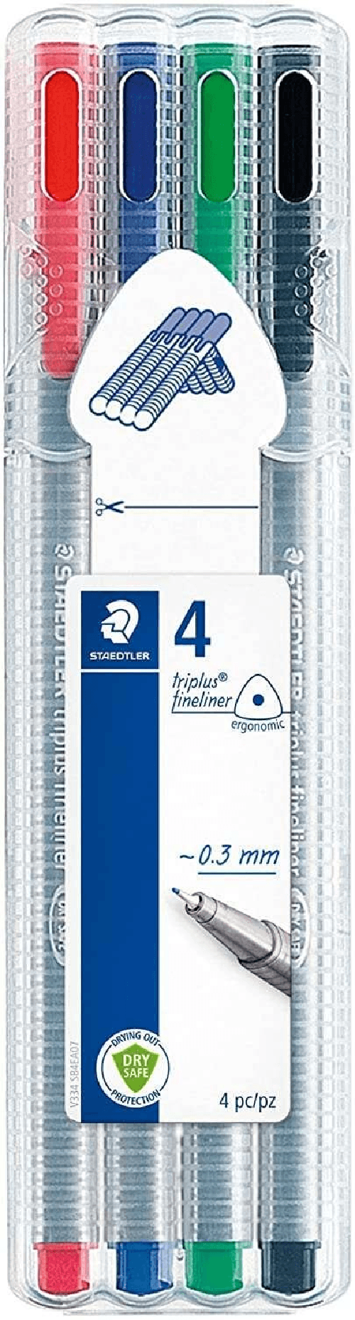 Staedtler Staedtleler Triplus Fineliner 334 Confezione da 4 pennarelli punta fine - 0,3 mm - Inchiostro a base acqua Staedtler 334 SB4 Nero, Blu, Verd