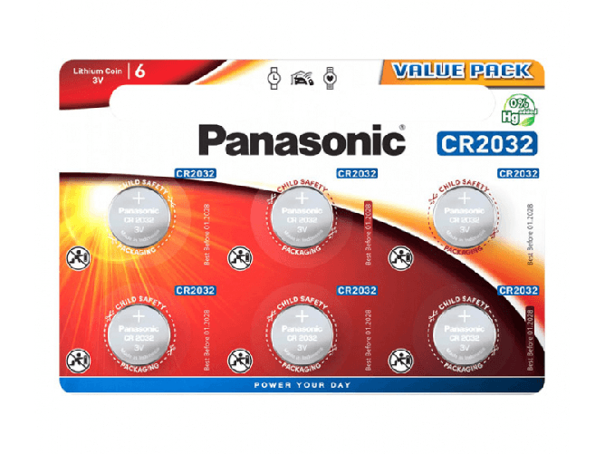 Panasonic Batteria al litio Panasonic, CR2032, alimentazione al litio 3V, blister (confezione da 6)